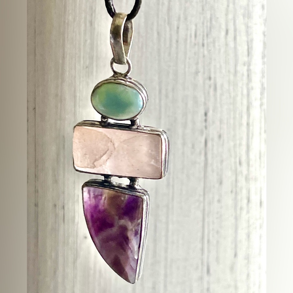Rose Quartz, Amethyst & Larimar Crystal Pendant 3” - Picture 5 of 7